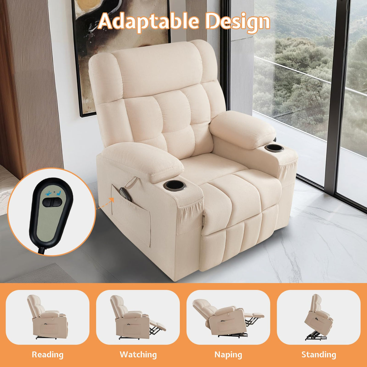 Jocisland Large Power Lift Recliner Chairs for Adults, Lazy Boy Reclining Chair for Elderly, Electric Recliners Sofa with Cupholder, Remote Control, Side Pockets for Living Room Bedroom (Beige) Jocisland