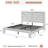 FSTAR King Size Wooden Farmhouse Bed Frame with Headboard, Boho Platform Bedframe with Charging Station & Led Lights, Heavy Duty Metal Slats, Noise Free, No Box Spring Needed, White FSTAR