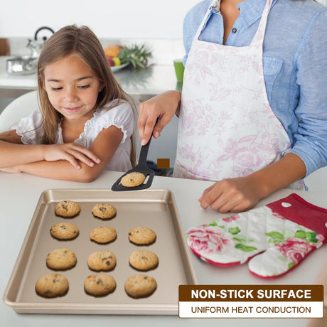 Baking Sheet Pan Set of 3, Commercial Cookie Sheets for Baking, Nonstick Half/Quarter/Jelly Roll Pans Replacement Toaster Oven Tray, Heavy Duty & Easy Clean, Champagne Gold Deedro