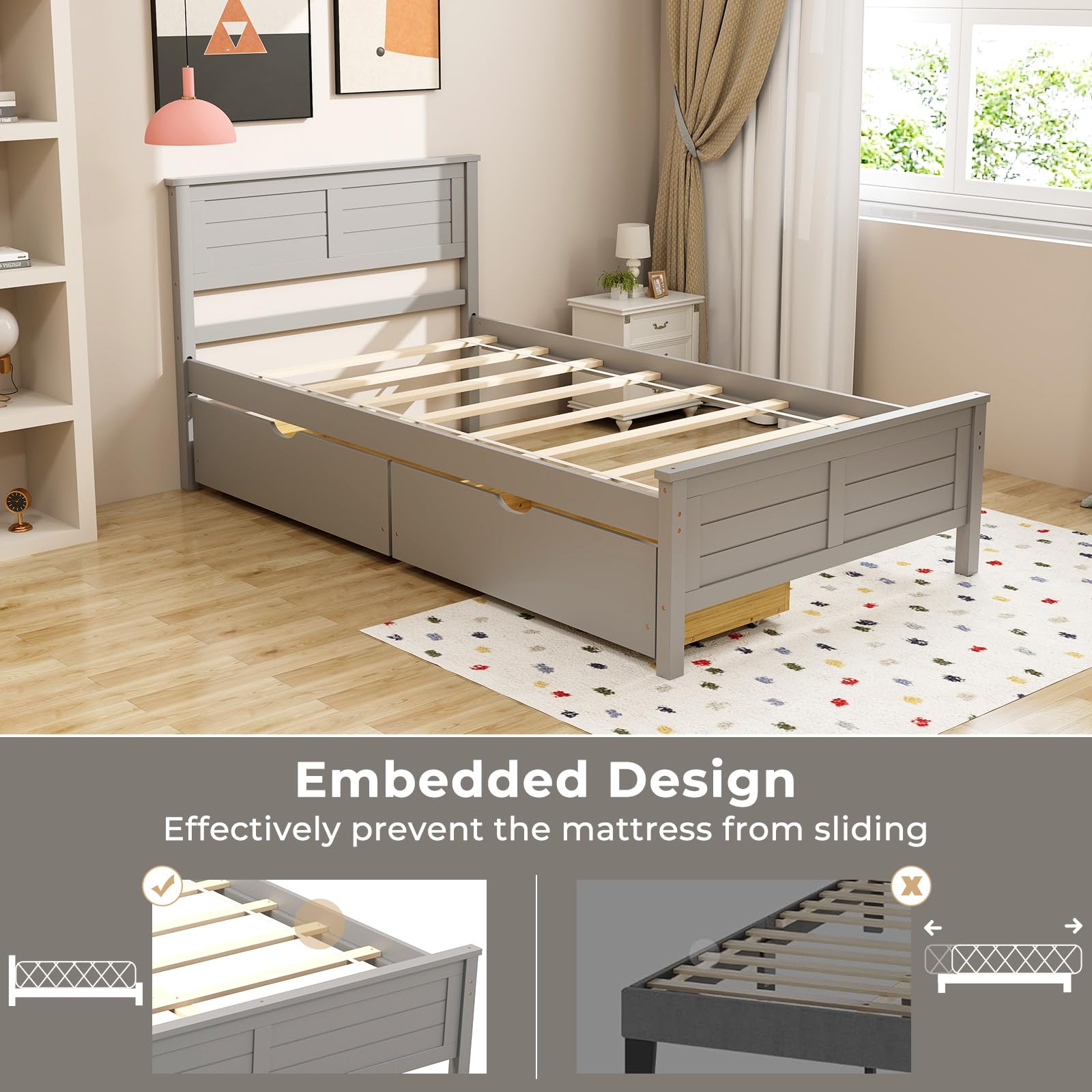 Giantex Grey Twin Platform Bed with 2 Storage Drawers and Solid Wood Headboard - WoodArtSupply