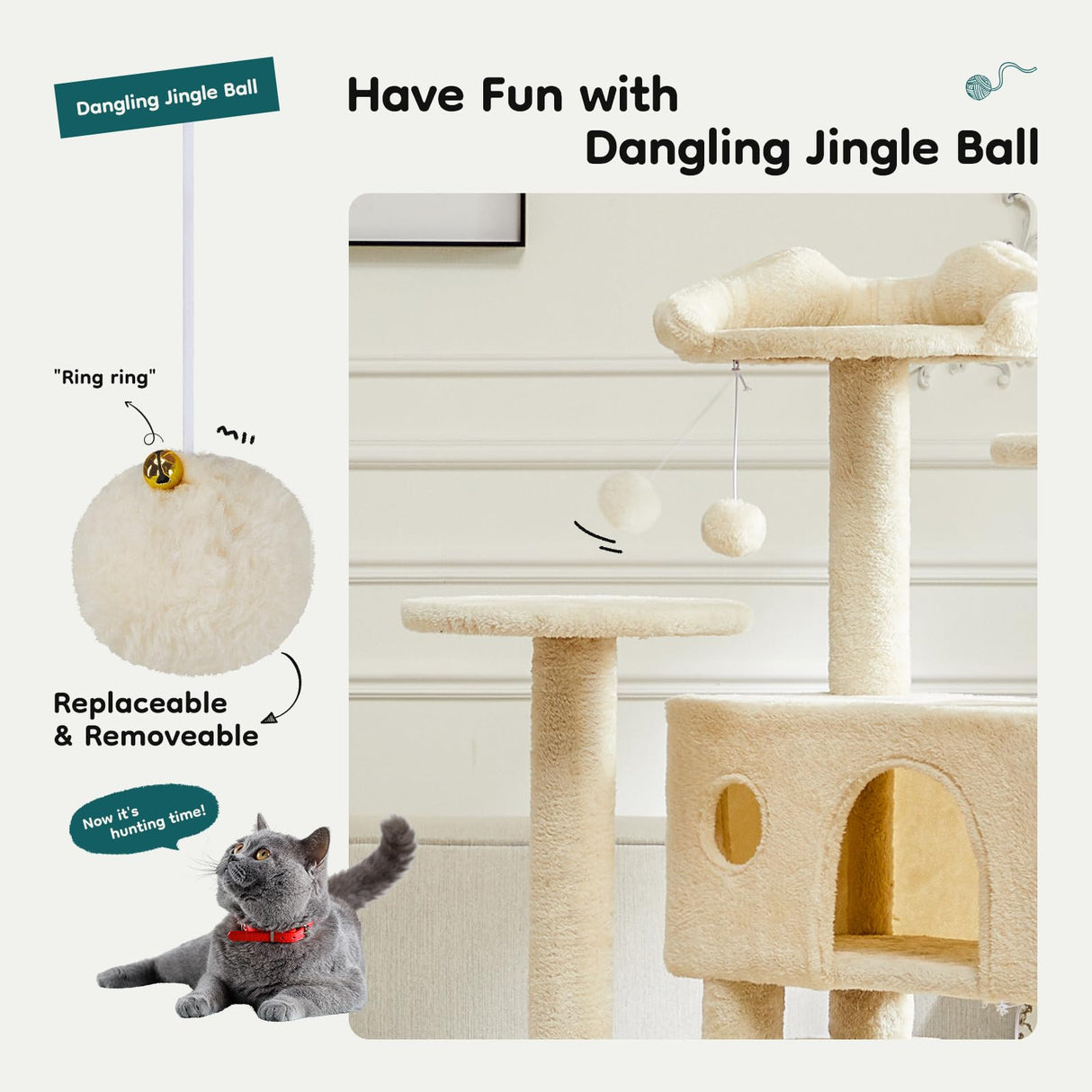 DUMOS 54-inch Indoor Cat Tree Tower –Multi-Level Pet House for Large Cats with 2 Condos, Scratching Posts, Round Platform, Small Ladder, and Toys, Beige DUMOS