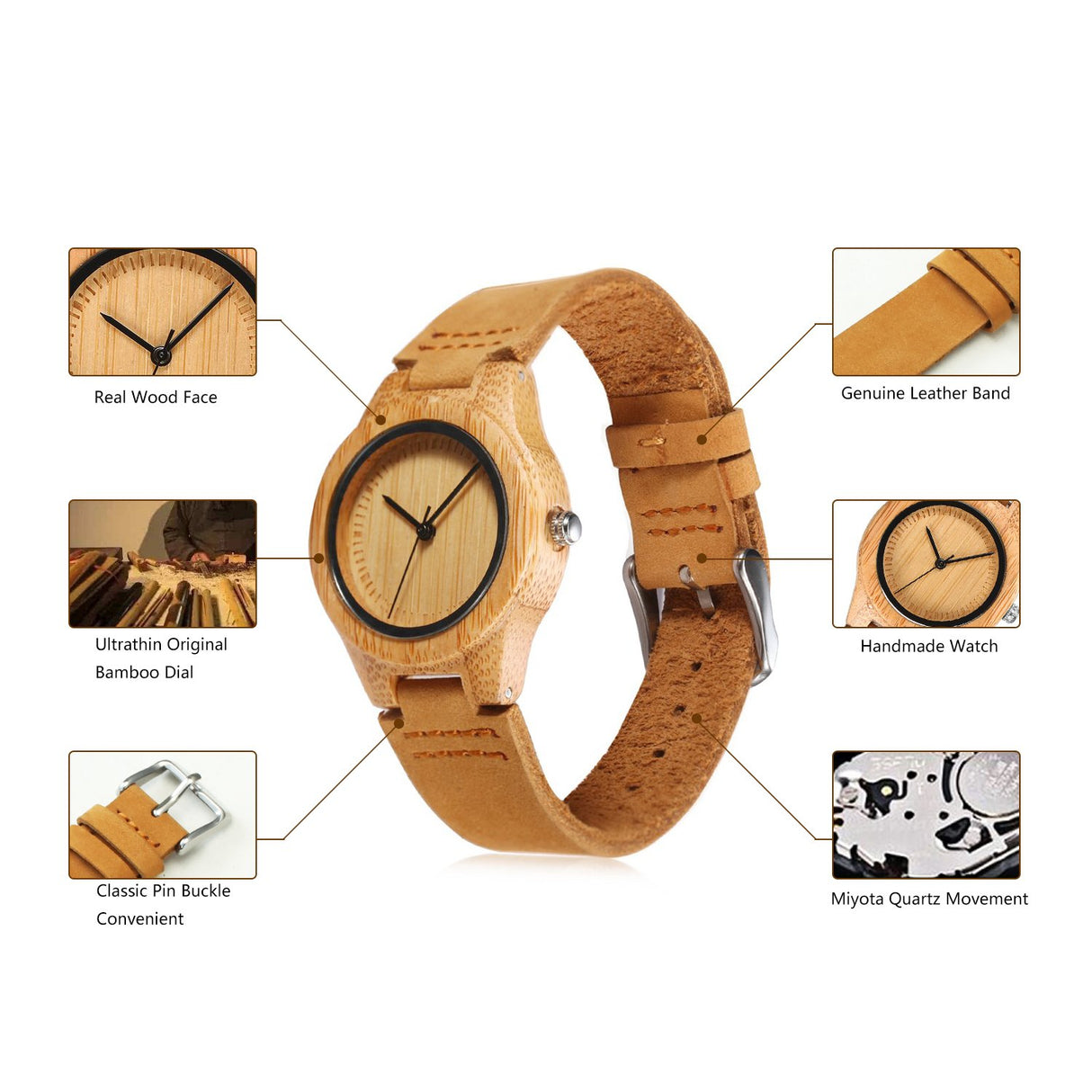 CUCOL Womens Wooden Bamboo Watches Leather Strap with Gift Box CUCOL