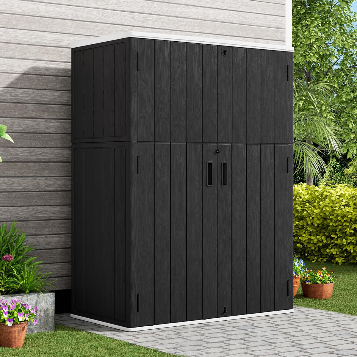 KINYING Outdoor Vertical Storage Shed,57 Cu.ft Outdoor Storage Cabinet Waterproof,Resin Sheds & Outdoor Storage Clearance for Garden,Patio,Backyard,Lockable (Black) KINYING