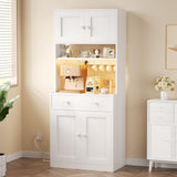 Korfile 71" Tall Food Pantry Cabinet with Power Outlet LED Light, Kitchen Storage Cabinet with 4 Doors, Hutch with Microwave Stand, Cupboard with Drawers for Kitchen, Dining Room, White Korfile
