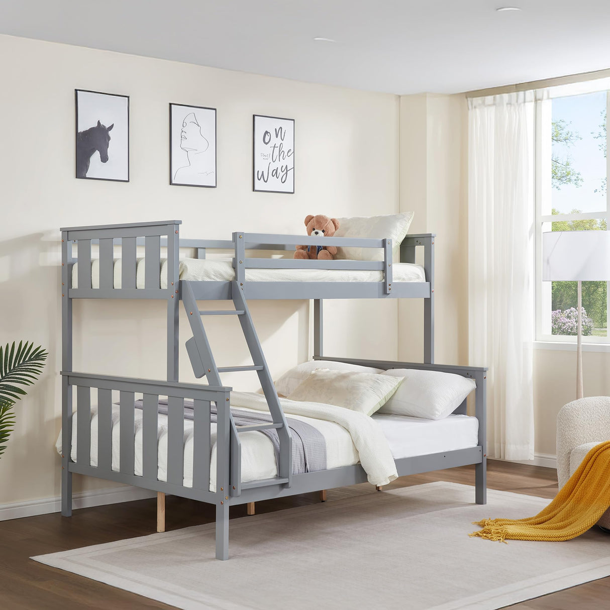 FLEXISPOT Twin Over Full Bunk Bed with Flexible Ladder,Kids Solid Wood Bed Frame,Strong Wooden Slats, Non-Toxic Finishes, No Box Spring Needed,Grey FLEXISPOT