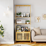 Bookcase with Drawers, 4-Tier Bamboo Bookshelf Ladder Shelf with 6 Hooks, Tall Narrow Book Shelf, 24.8"L x 10.6"W x 59.5"H, Standing Storage Organizer for Living Room, Home Office, Bedroom, Bathroom oakvivo