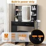 QUALIKRAFT Vanity Set with Mirror and Stool and Lights, Vanity Desk with Mirror & Power Outlet, Vanity Desk with Drawers, Black Vanity with Lighted Mirror, Dressing Table Set with 2 Large Drawers QUALIKRAFT