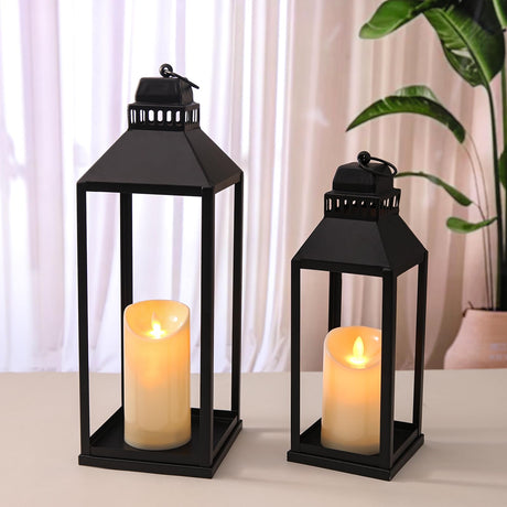 MATAHUM 17" 13" Lanterns Decorative Indoor Outdoor, Set of 2 Modern Farmhouse Metal Black Lantern with Candles, Halloween, Christmas Decorative Lanterns for Mantle, Fireplace, Patio, Porch, Home Decor MATAHUM