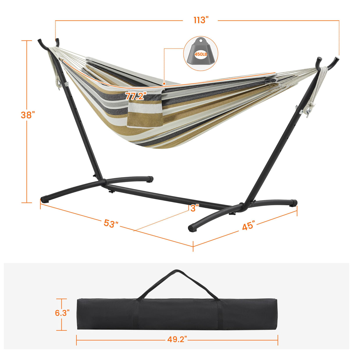 Yaheetech Double Hammock w/Stand, 2-People Hammock & Stand Set w/Storage Bag & Carrying Bag, Outdoor/Indoor Heavy-Duty Portable Hammock, 450LB Capacity - Desert Stripe Yaheetech
