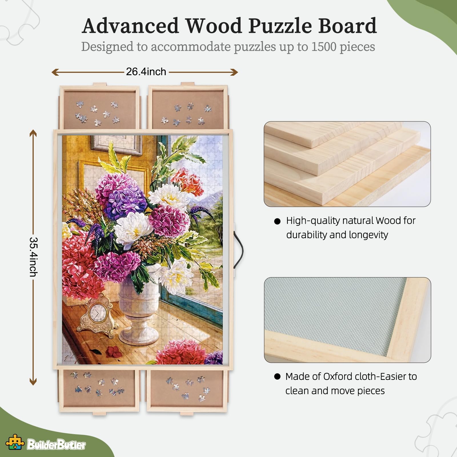 BuilderButler 2-in-1 Tilting & Rotating Puzzle Board for Puzzle Enthusiasts,Portable Puzzle Table with 4 Drawers Cover,35.2" x 26.2" for 1500 Pieces - WoodArtSupply