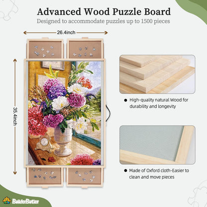 BuilderButler 2-in-1 Tilting & Rotating Puzzle Board for Puzzle Enthusiasts,Portable Puzzle Table with 4 Drawers Cover,35.2" x 26.2" for 1500 Pieces - WoodArtSupply