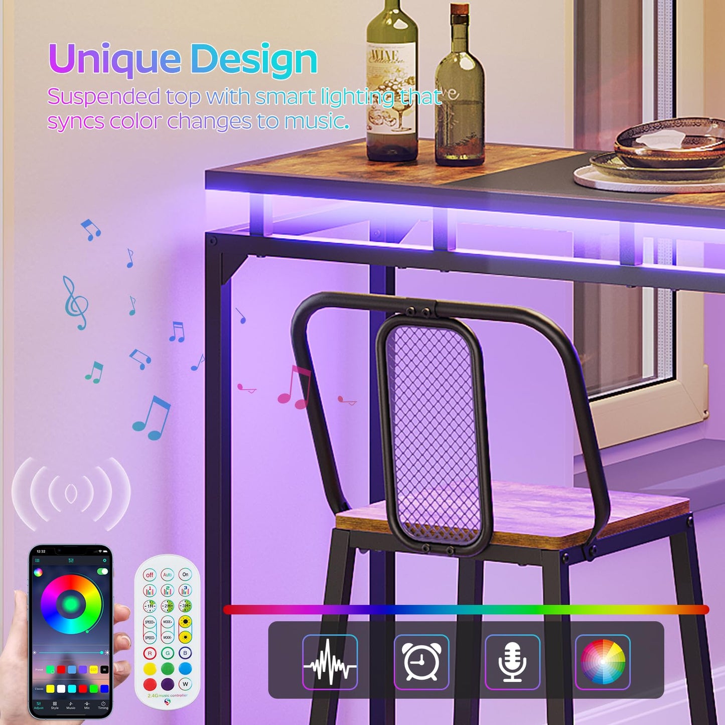 YATINEY Bar Table with LED Lights, Counter Height Table, Bar Height Table, Pub Table, Gaming Table, Metal Frame, for Living Room, Dining Room, Pub, Black BT01DBK