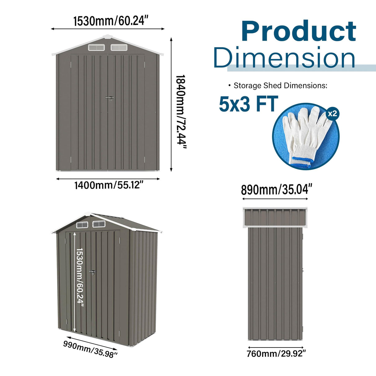 5x3 FT Metal Outdoor Storage Shed, Waterproof Garden Tool Shed with Pitched Roof & Lockable Door, Compact Backyard Storage for Bikes, Lawn Equipment, Patio Furniture, Easy Assembly Utility Shed, Gray Suwopmvy