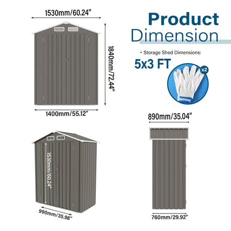 5x3 FT Metal Outdoor Storage Shed, Waterproof Garden Tool Shed with Pitched Roof & Lockable Door, Compact Backyard Storage for Bikes, Lawn Equipment, Patio Furniture, Easy Assembly Utility Shed, Gray Suwopmvy