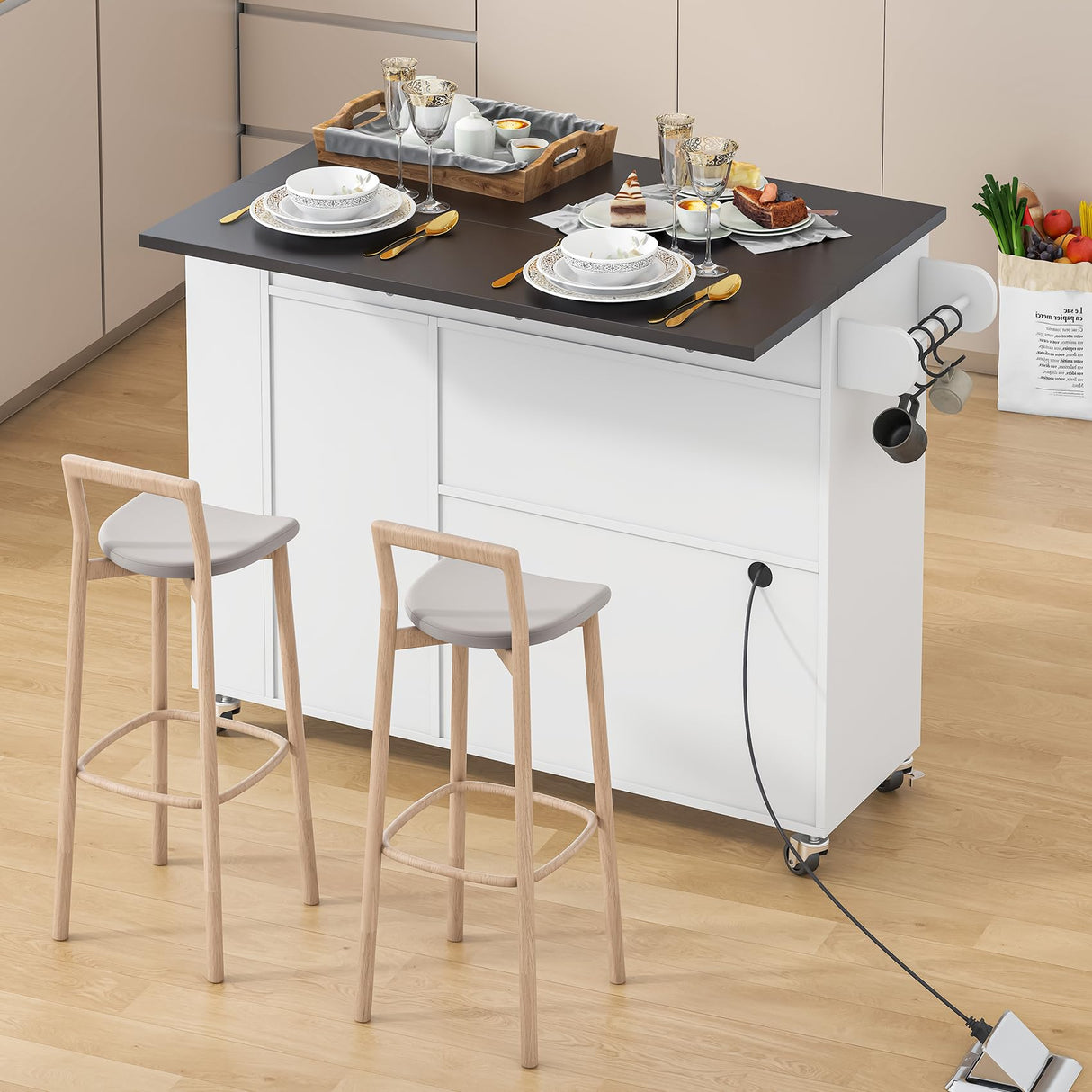 Kitchen Island with Drop Leaf, Rolling kitchen island with power outlet and Led Light, Kitchen Island with Storage Cabinet, Spice Rack, Drawer, Towel Rack, kitchen island on wheels for Dinning Room Aufvolr