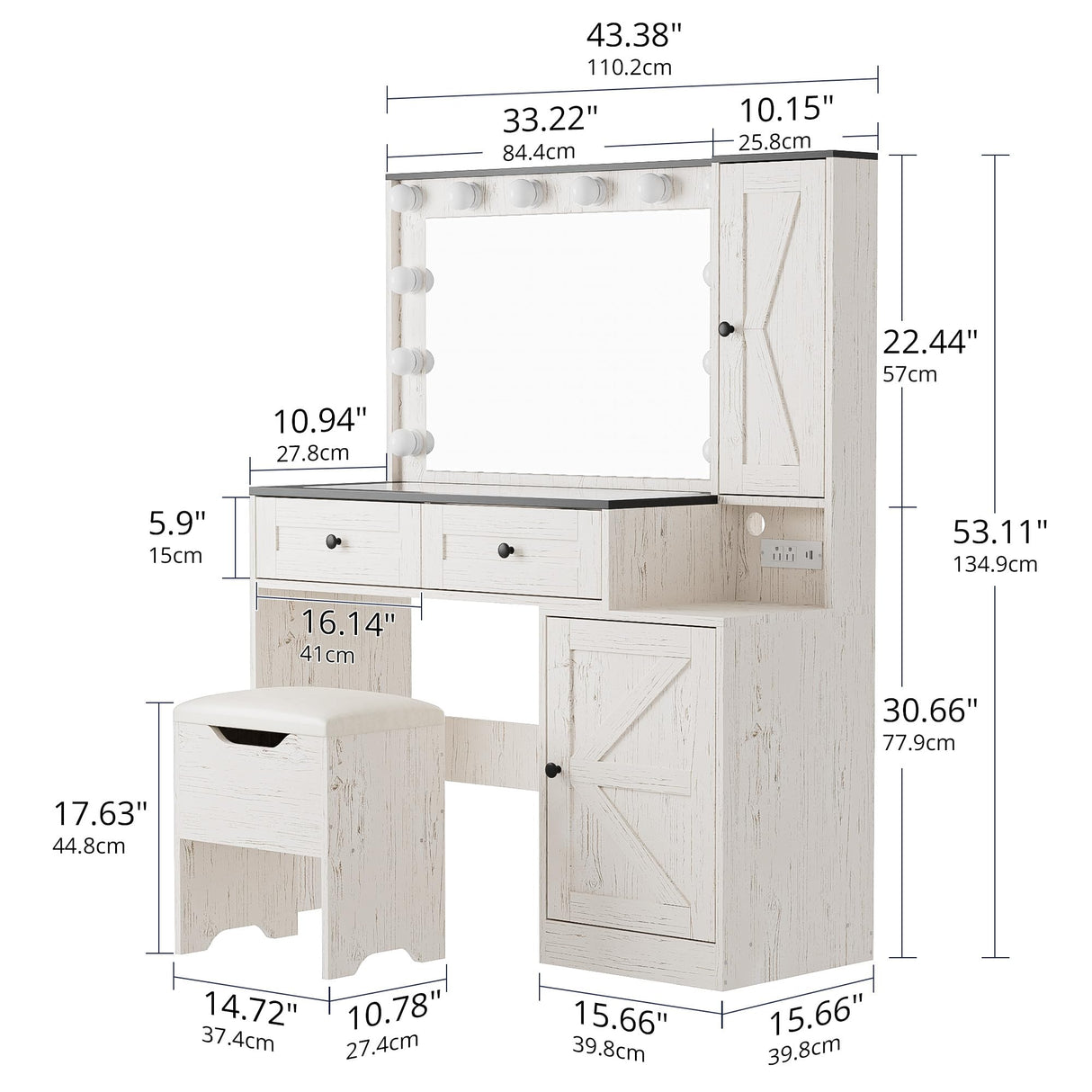 SunsGrove Farmhouse 43.3" Vanity Desk with Hollywood Makeup Mirror and Lights, White Vanity with 2 Drawers & 2 Cabinets, Large Modern Vanity Desk with Vanity Storage Chair for Bedroom (Antique White) SunsGrove