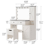 SunsGrove Farmhouse 43.3" Vanity Desk with Hollywood Makeup Mirror and Lights, White Vanity with 2 Drawers & 2 Cabinets, Large Modern Vanity Desk with Vanity Storage Chair for Bedroom (Antique White) SunsGrove