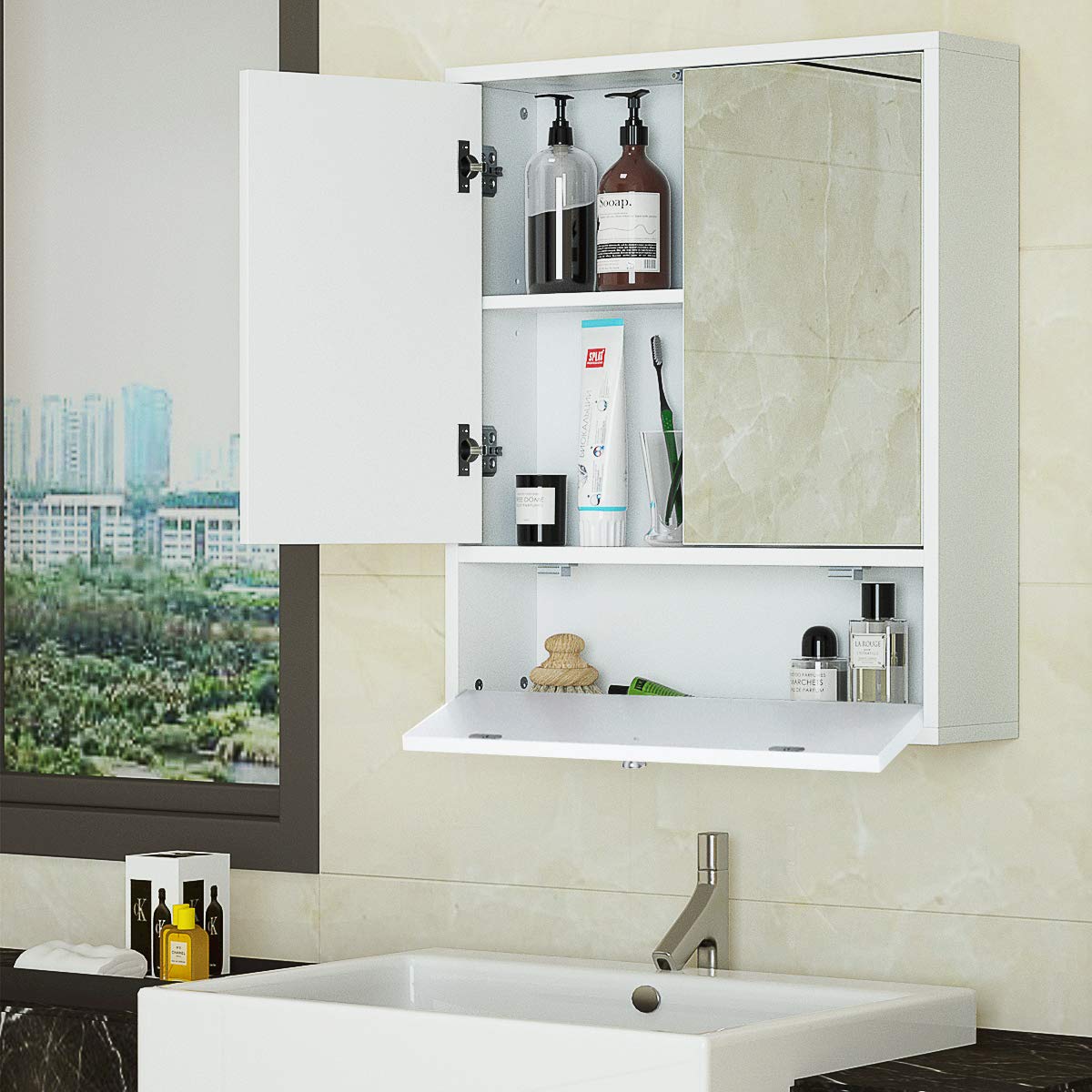 Elegant White Wall-Mounted Bathroom Mirror Cabinet with Adjustable Shelves Tangkula