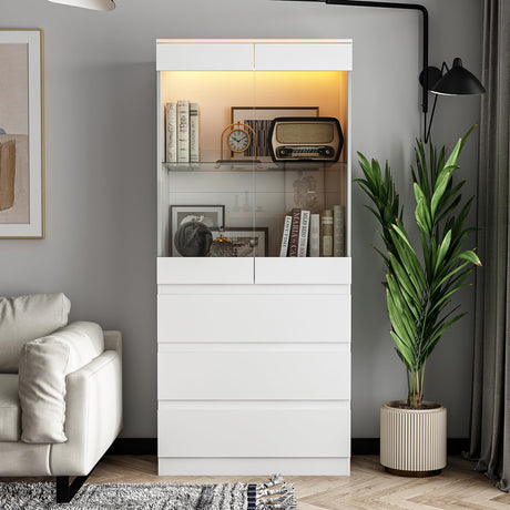 Hitow 70.8" Tall LED Lighted White Storage Cabinet with Glass Door and 3 Drawers Hitow