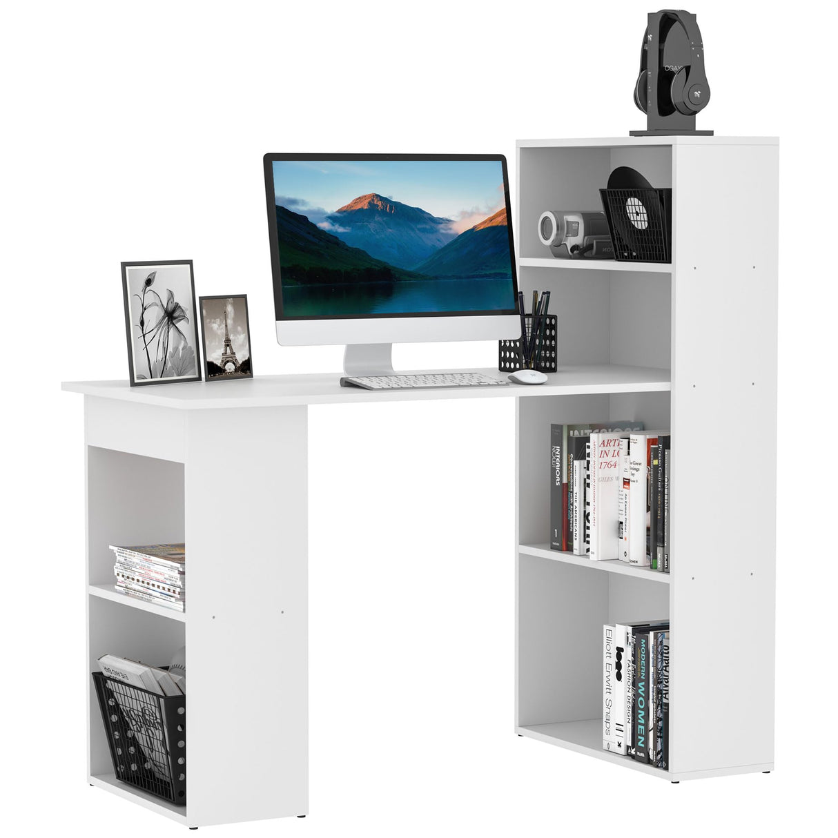 HOMCOM 47" Modern White Home Office Desk with 6-Tier Storage Shelves HOMCOM