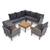 LUMISOL 9 Piece Patio Rattan Furniture Set, Outdoor Conversation Set with Acacia Wood Legs and Tabletop, PE Rattan Sectional Sofa Set with Coffee Table, Washable Cushion, Grey LUMISOL