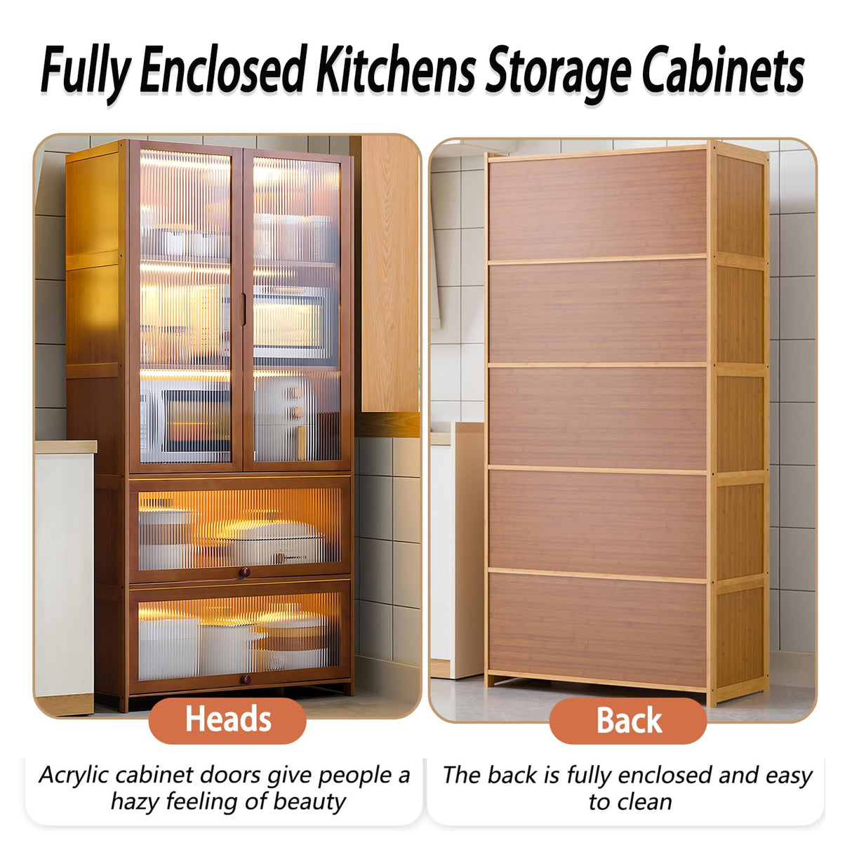 67" Bamboo Kitchen Storage Cabinet with Acrylic Doors – Large Capacity Display Hutch for Living Room and Pantry SNVHA-66