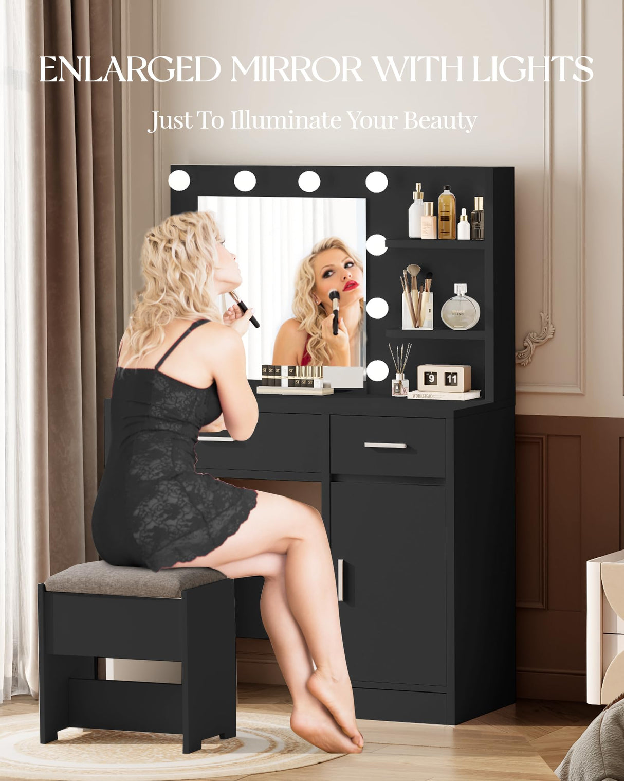 LIVELYGLOW Vanity with Lights, Makeup Vanity with Mirror, 3 Lighting Modes, for Bedroom, Black LIVELYGLOW