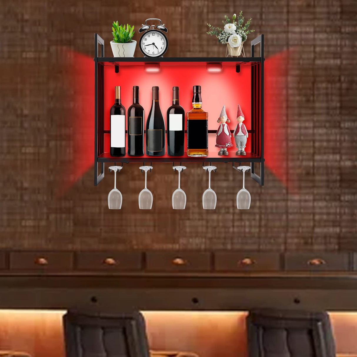 CeRaBuRET Wall Mounted LED Wine Rack, Wine Bottle Rack, Metal Hanging Wine Holder with 5 Stem Glass Holders for Storing Wine Bottles, 23.6 * 7.87 * 21.26inch CeRaBuRET