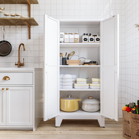 COFaR 4 Tier Metal Farmhouse Storage Cabinet with 2 Barn Door, 3 Adjustable Shelves and Legs, for Dining Room, Kitchen,Pantry,Bathroom, Living Room, Office (White, 61" Farmhouse) COFaR