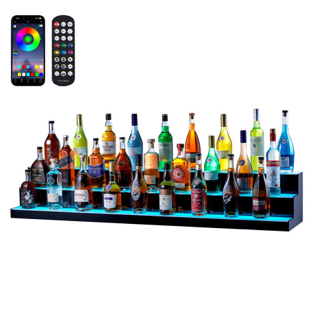 VEVOR LED Lighted Liquor Bottle Display, 3 Tiers 60 Inches, Supports USB, Illuminated Home Bar Shelf with RF Remote & App Control 7 Static Colors 1-4 H Timing, Acrylic Lighted Shelf for 54 Bottles VEVOR