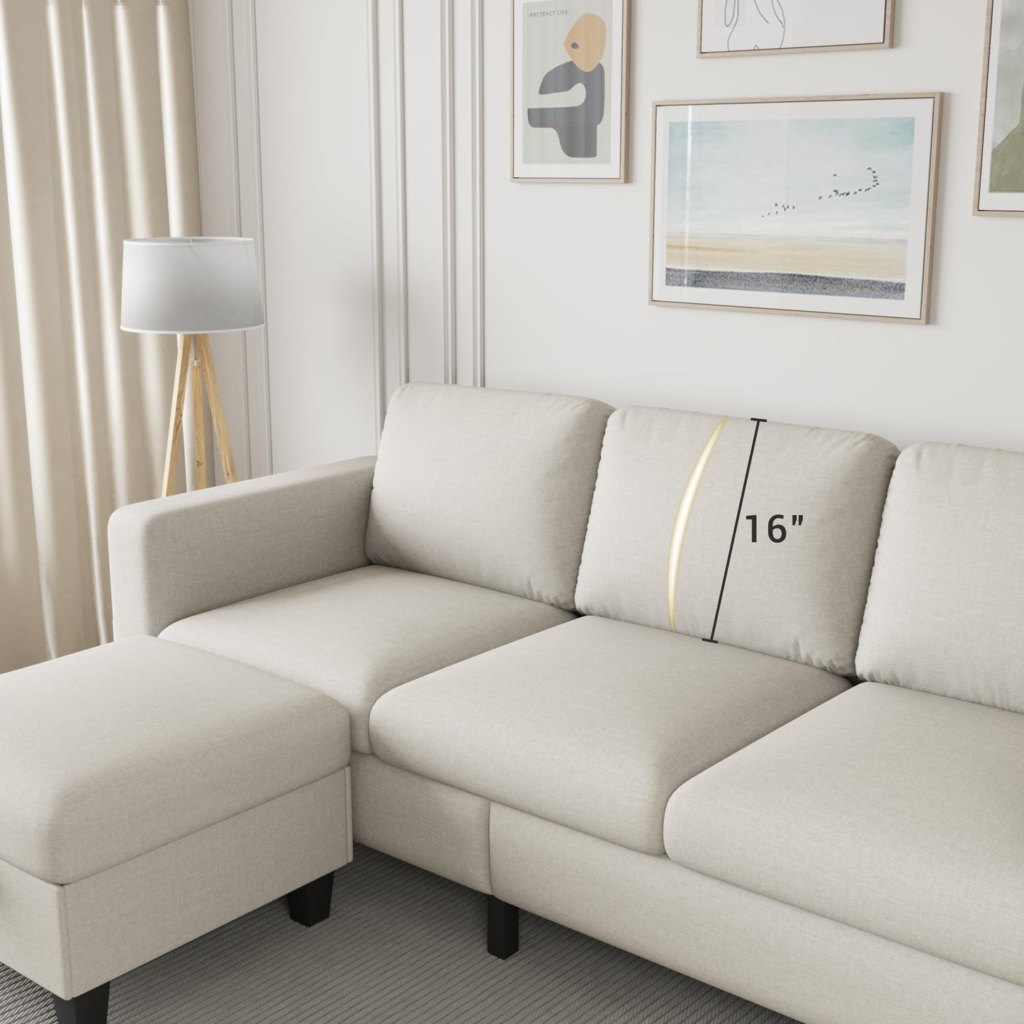 Couches for Living Room - Sectional Sofa L Shaped Cloud Couch-Small Modular 3 Seat-Comfy Linen with Storage Deep Seat Sofa,Washable Covers-Suitable for Living Room-Apartment-Office-Bedroom-Beige