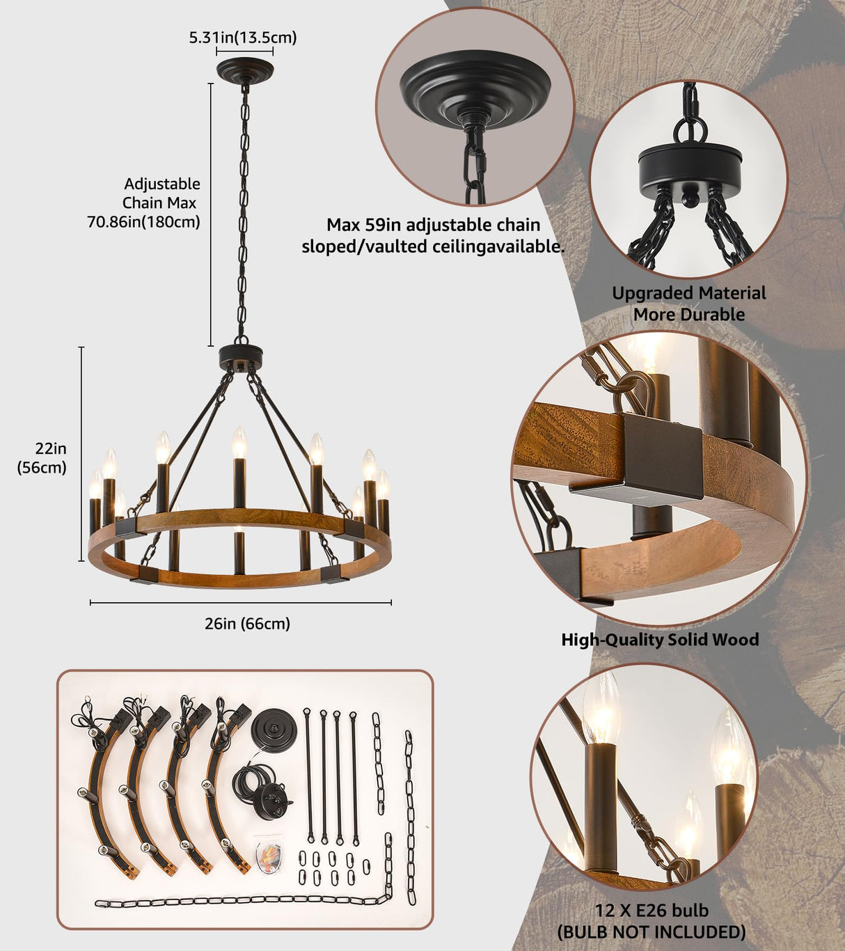 HHR 26 Inch 12-Light Solid Wood Wagon Wheel Chandelier High Ceiling Island Lights Fixtures,Black Rustic Candle Chandelier for Farmhouse Dining Room Bedroom Entryway Living Room Restaurant café HHR