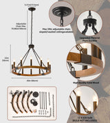 HHR 26 Inch 12-Light Solid Wood Wagon Wheel Chandelier High Ceiling Island Lights Fixtures,Black Rustic Candle Chandelier for Farmhouse Dining Room Bedroom Entryway Living Room Restaurant café HHR