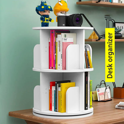 HOLMZCED 360° Rotating 2-Tier White Bookshelf - Versatile Free-Standing Storage Rack for Study, Bedroom, and Living Room - WoodArtSupply