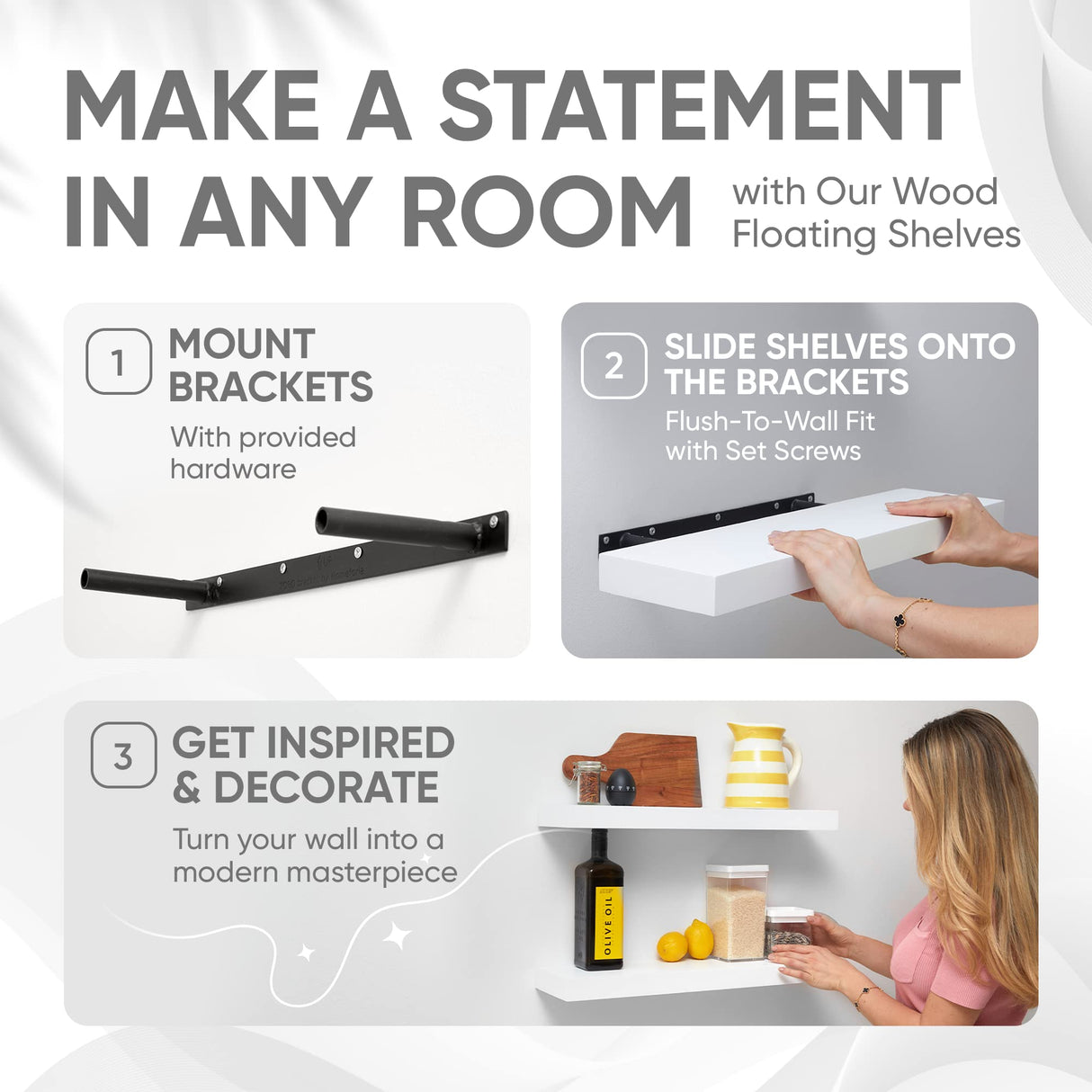 Homeforia White Floating Shelves 24 inch, High End Solid Real Wood 24inch Bathroom Floating Shelf for Wall Mounted, White Wooden 24in Floating Shelves, Heavy Duty Bracket, 24 X 6.5 X 1.75 in, Set of 2 Homeforia