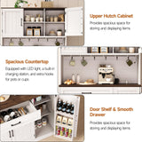 ONBRILL 71" Pantry Cabinet, Kitchen Pantry Storage Cabinet with LED Light & Outlet, Kitchen Hutch with Microwave Shelf & 6 Hook, Door Shelf & Drawer & Adjustable Shelf, Dining Room, Off White+Walnut ONBRILL