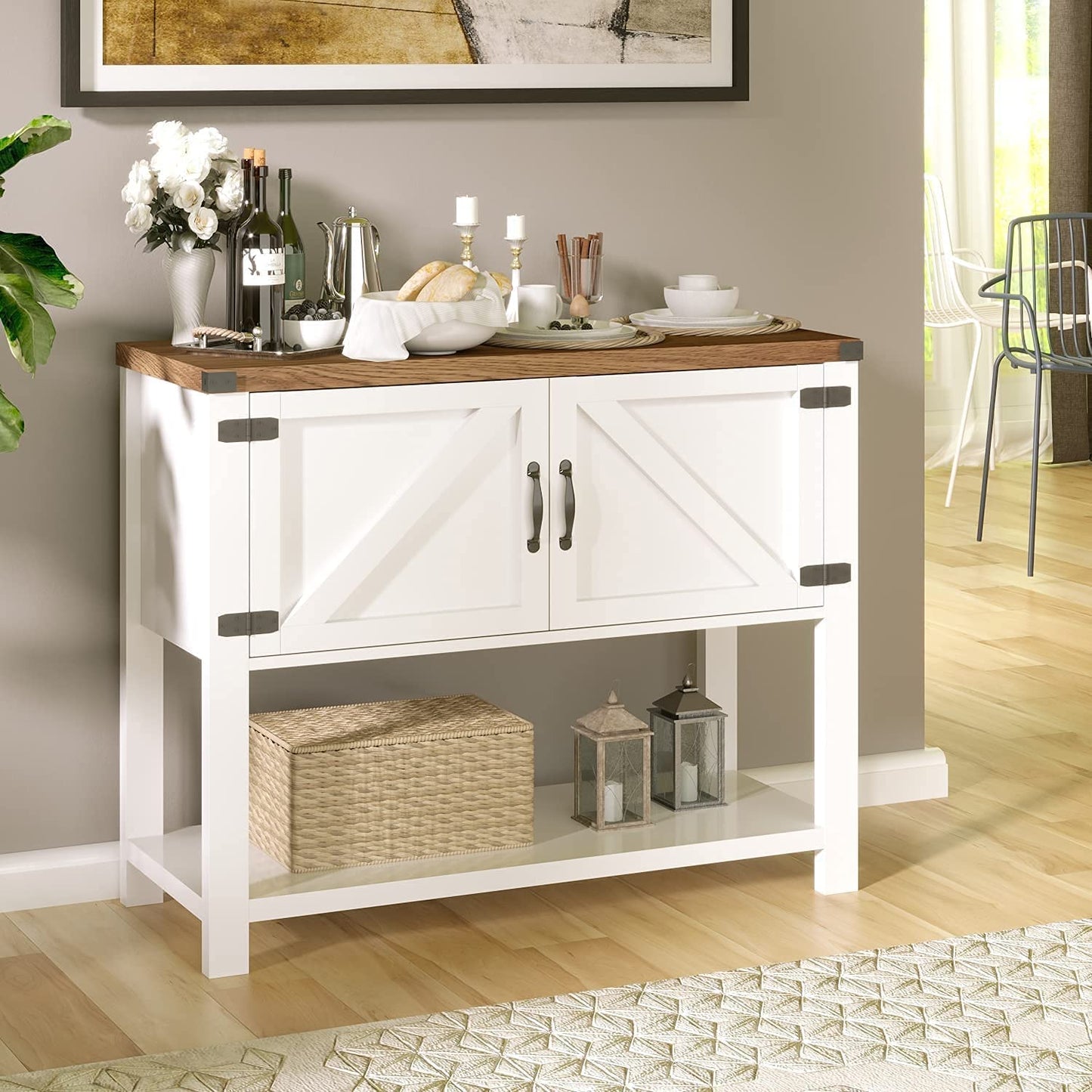 4ever2buy Farmhouse Coffee Bar Cabinet with Storage, Small Coffee Bar with 2 Doors & Shelf, White Coffee Bar Table, White Entryway Sofa Console Table for Living Room