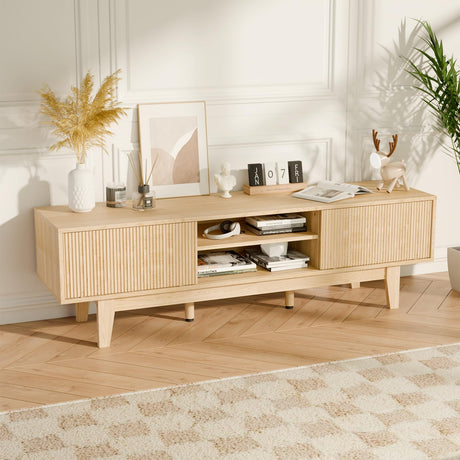 59" Mid-Century Modern TV Stand with Fluted Sliding Doors - Solid Wood Entertainment Center for 55/60/65 Inch TV, Adjustable Shelves, Boho Farmhouse Media Console for Living Room, Bedroom & Office.Oak SEALAMB