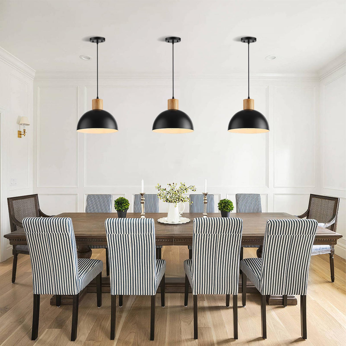 QianZhan Solid Wood Pendant Light 3 Pack, Modern Matte Black Pendant Lights Fixtures Adjustable Dome Hanging Lighting,for Kitchen Island Dining Room Restaurant Office Farmhouse QianZhan