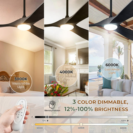 BOOSANT 72" Ceiling Fans with Lights and Remote Control, Outdoor Ceiling Fan with Lights High CFM Quiet 3 Blade Wood Walnut Ceiling Fan, Modern Propeller Ceiling Fan for Outdoor/Indoor,Matte Black BOOSANT