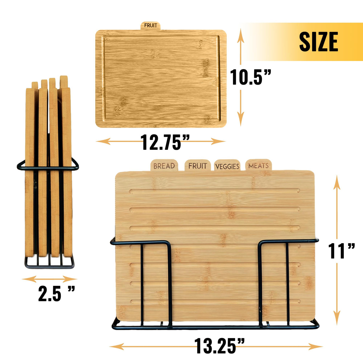 Modernlyst Bamboo Cutting Boards for Kitchen with Holder 13" x 11" x 2.5" | Labeled Wood Cutting Board Sets | Large Wooden Cutting Board Set of 4 with Black Organized Stand | Non Toxic Chopping Board Modernlyst