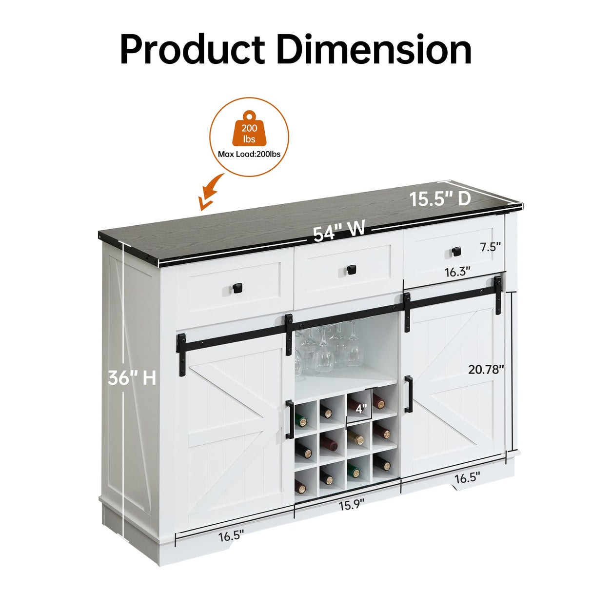 Winlice Buffet Cabinet w/Storage, Large 54" Farmhouse Wine & Coffee Bar Cabinet w/Sliding Barn Doors, Wine Rack, Rustic Large Buffet Sideboard w/3 Drawers for Living, Dining Room, White Winlice