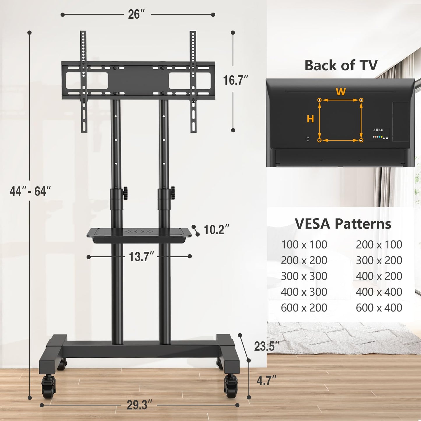 TVON Rolling TV Stand for 32-83 inch Flat Screen/Curved TVs up to 110 lbs, Height Adjustable Portable TV Stand on Wheels with Metal Laptop Shelf, TV Stands for Living Room, Home and Office Use