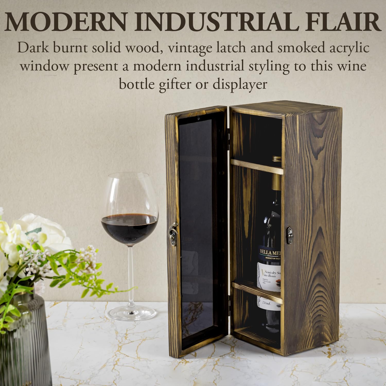 MyGift Rustic Burnt Solid Wood Single Wine Bottle Gift Box with Translucent Black Acrylic Window, Decorative Wine Collector Storage Case with Metal Latch Closure - WoodArtSupply