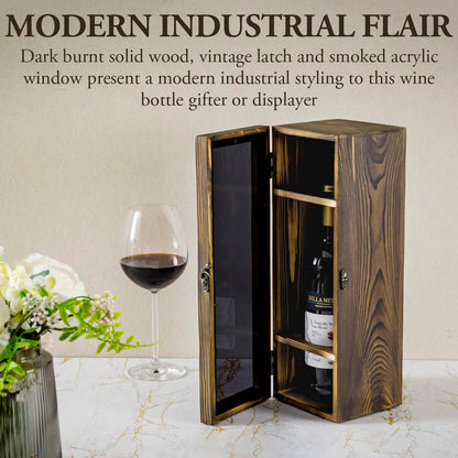 MyGift Rustic Burnt Solid Wood Single Wine Bottle Gift Box with Translucent Black Acrylic Window, Decorative Wine Collector Storage Case with Metal Latch Closure - WoodArtSupply