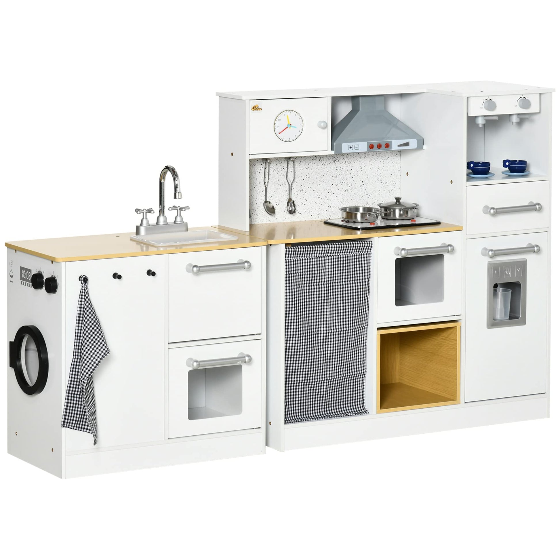 Qaba Kids Wooden Kitchen Playset with Sound Effects and Tons of Countertop Space, Wooden Corner Play Kitchen Set with Washing Machine, Imaginative Toy Pretend Restaurant, Ages 3-6, White - WoodArtSupply