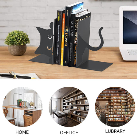 ENCIMART Book Ends Cat Decor Unique Bookshelf, Cute Metal Bookends for Shelves, Black Bookends to Hold Books for Bedroom Library Office School Book Desktop Organizer Cat Lover Gifts ENCIMART