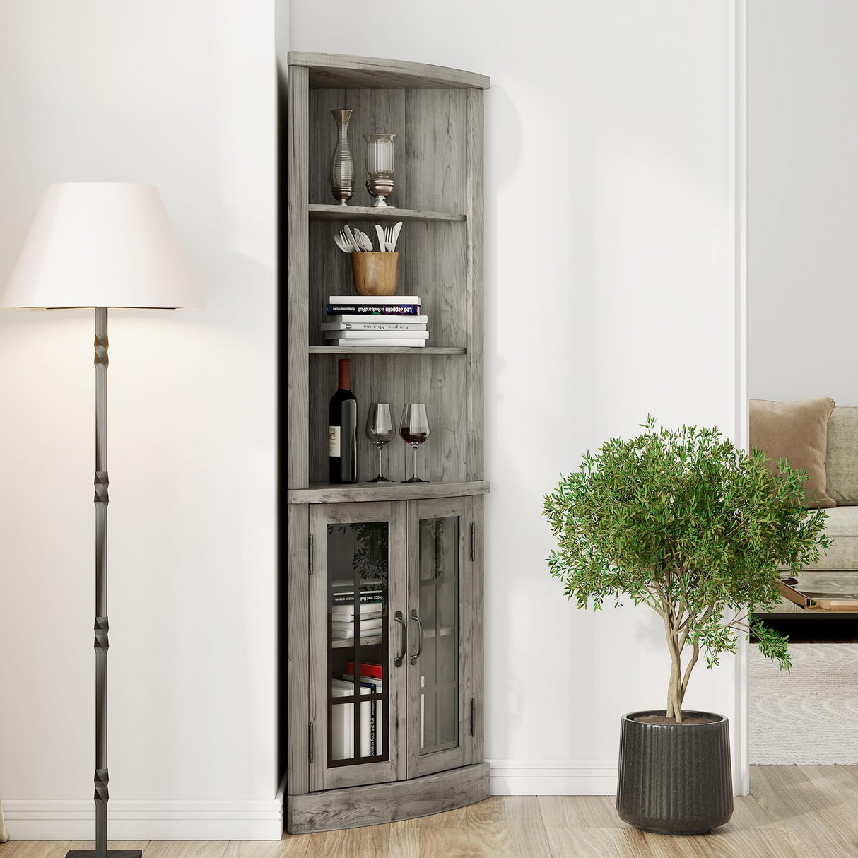 AMERLIFE Curved Corner Storage Cabinet, 65" Tall Freestanding Bookcase with Glass Doors & Adjustable Shelves, 5-Tier Corner Display Cabinet for Living Room, Bathroom, Laundry Room, Washed Grey AMERLIFE