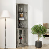 AMERLIFE Curved Corner Storage Cabinet, 65" Tall Freestanding Bookcase with Glass Doors & Adjustable Shelves, 5-Tier Corner Display Cabinet for Living Room, Bathroom, Laundry Room, Washed Grey AMERLIFE