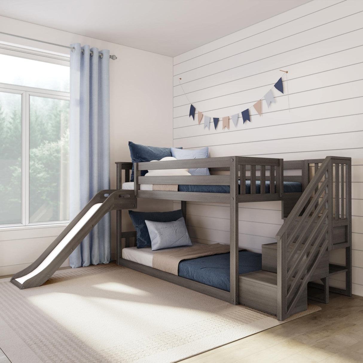 Max & Lily Solid Wood Twin over Twin Size Low Bunk Beds for Kids with Slide and Stairs, 400 lbs Weight Capacity, 14" Safety Guardrail, Anti-Slip Steps, Clay Max & Lily